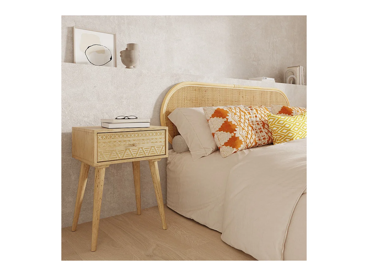 Table de chevet en bois de manguier gravé 1 tiroir - Tiny