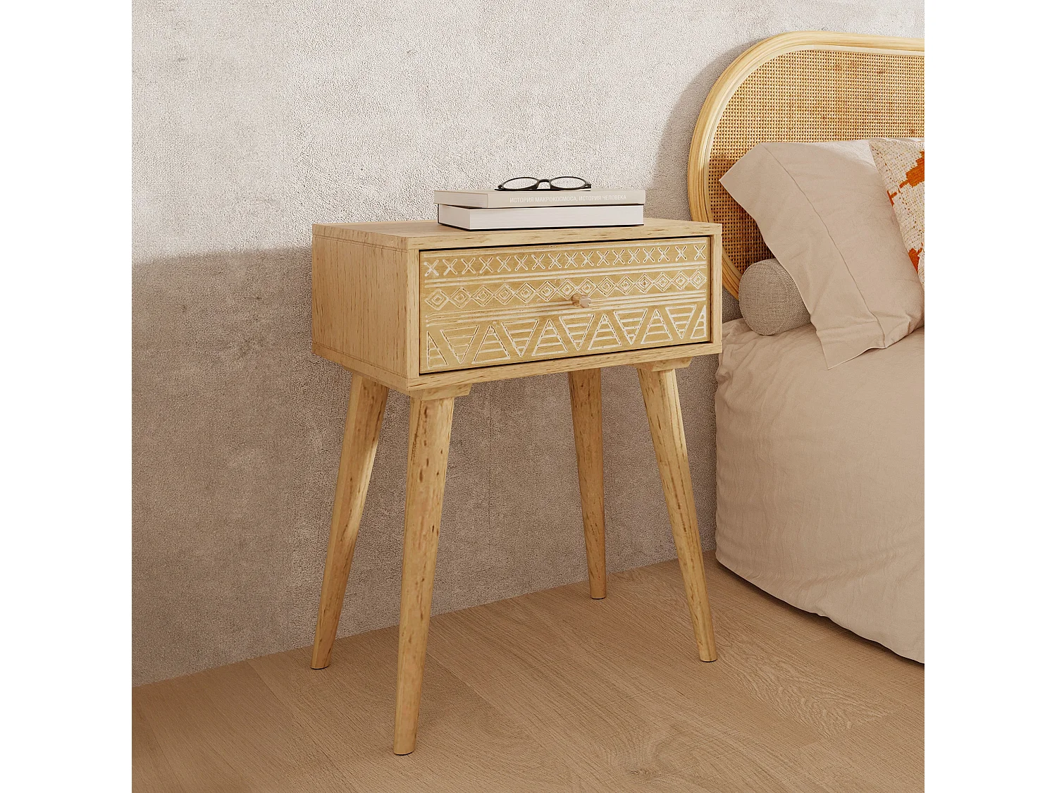 Mesita de noche de madera de mango grabada 1 cajón - Tiny