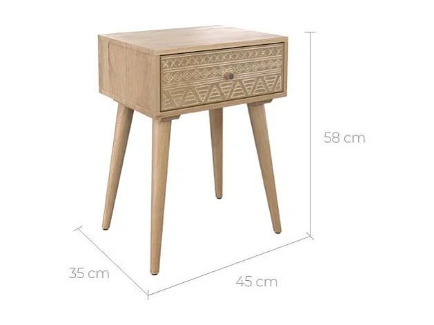 Mesita de noche de madera de mango grabada 1 cajón - Tiny