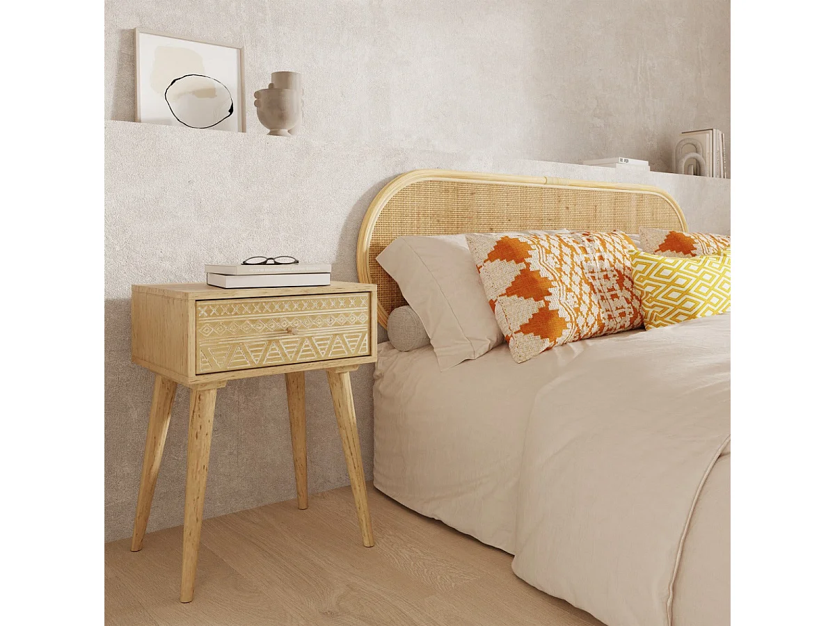 Mesita de noche de madera de mango grabada 1 cajón - Tiny