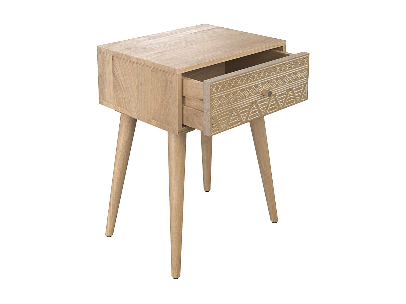 Mesita de noche de madera de mango grabada 1 cajón - Tiny