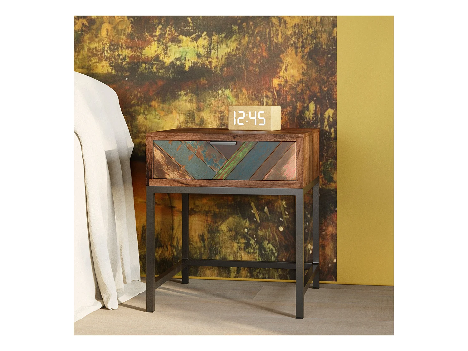 Comodino a 1 cassetto in legno di acacia e legno riciclato - Krabi