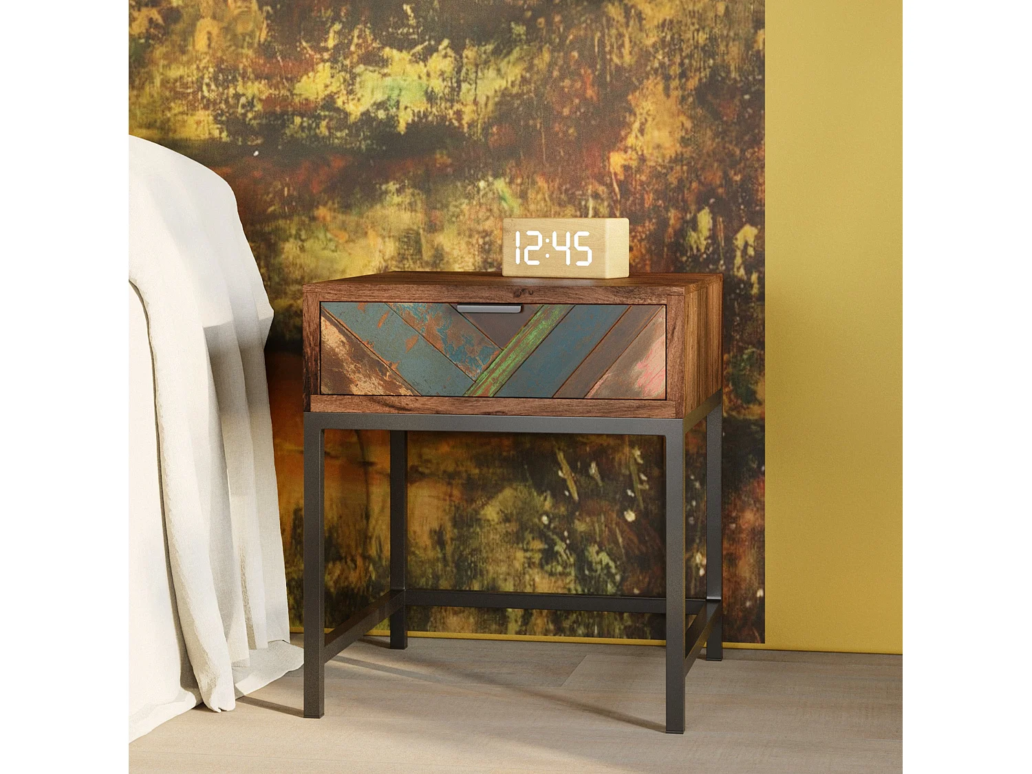 Table de chevet 1 tiroir en bois d'acacia et bois recyclé - Krabi