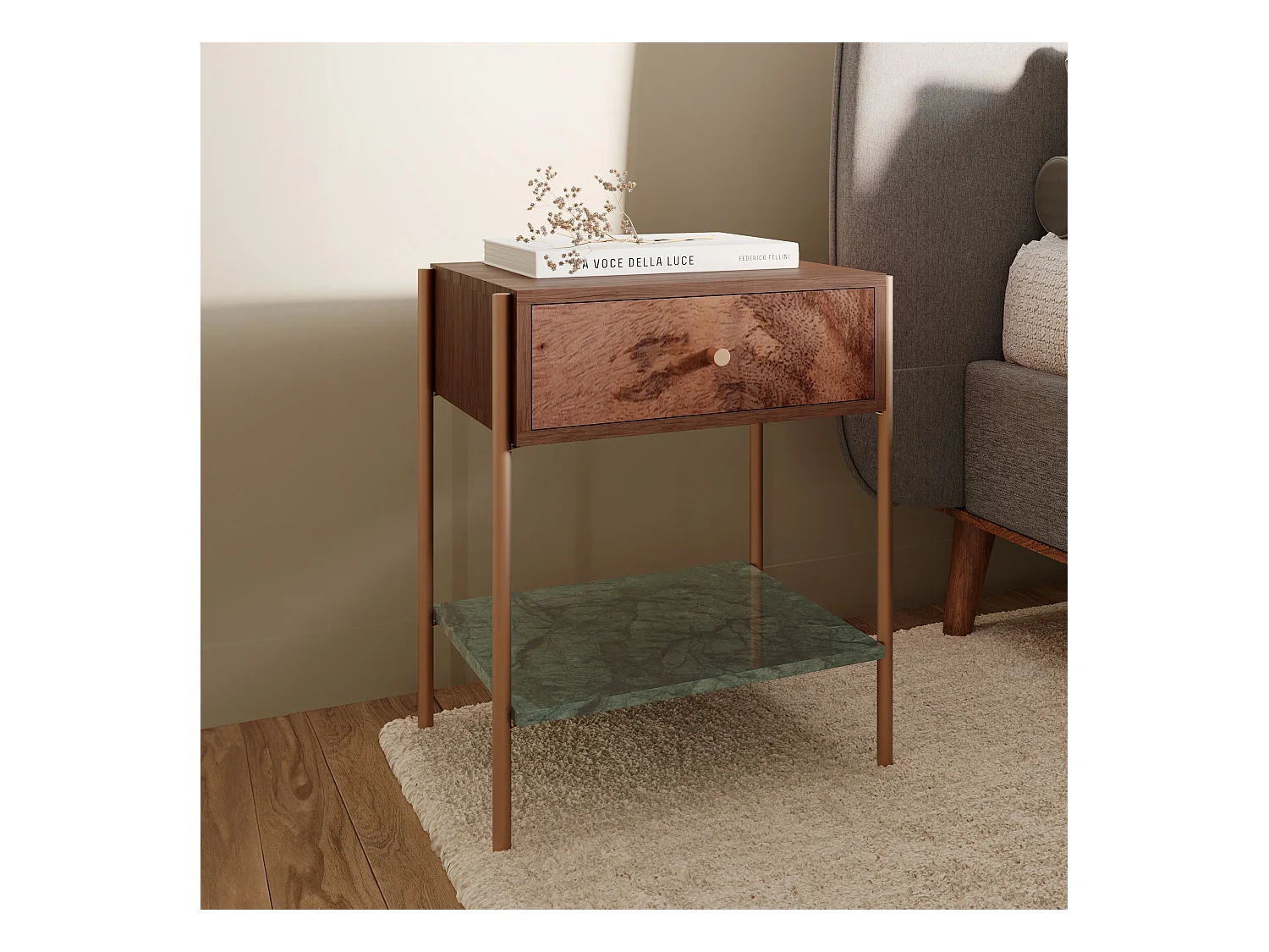 Mesilla de noche de madera de mango y mármol verde - Doori