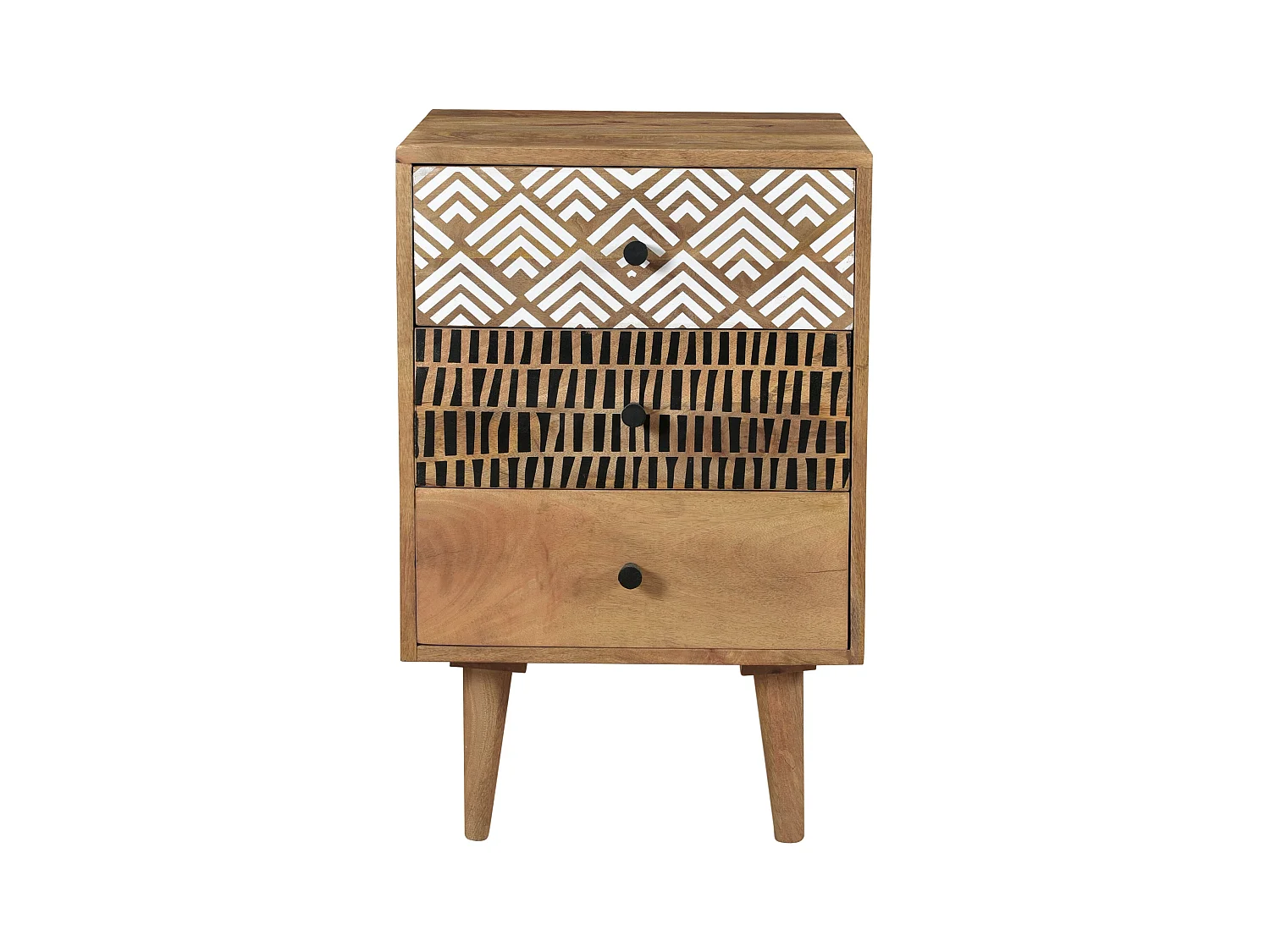 Mesita de noche de madera, 3 cajones con dibujo - Tali