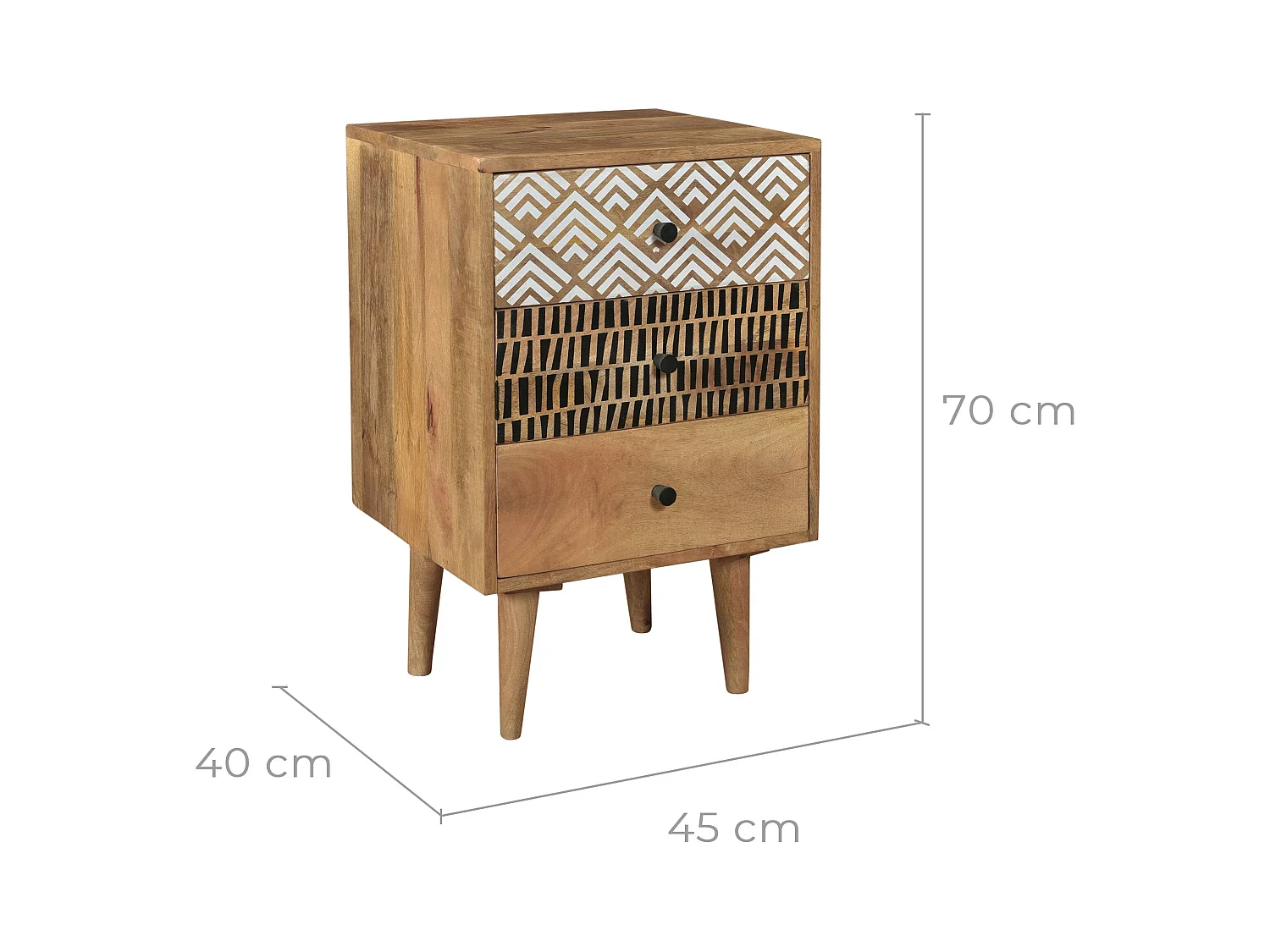 Mesita de noche de madera, 3 cajones con dibujo - Tali