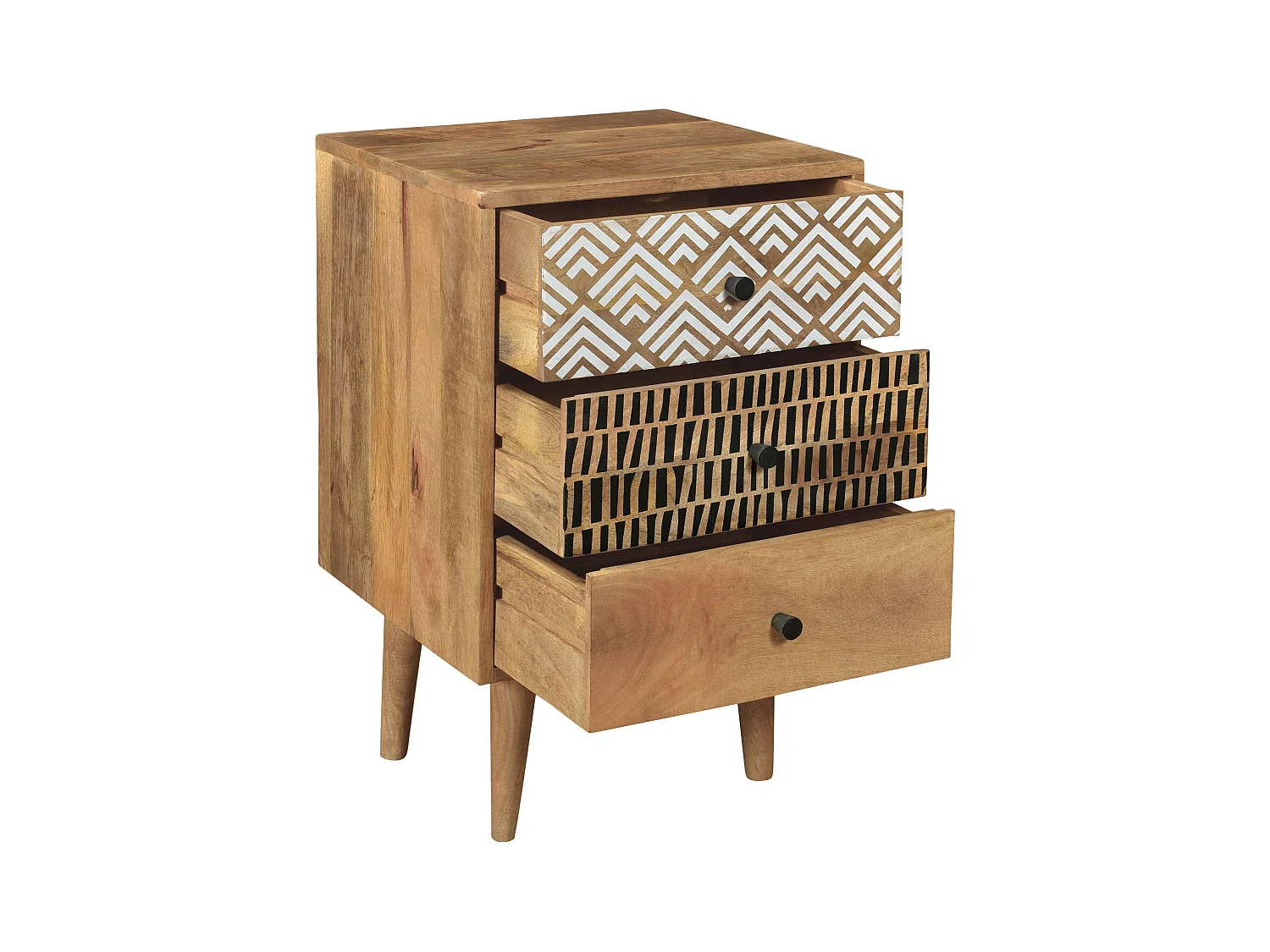 Mesita de noche de madera, 3 cajones con dibujo - Tali