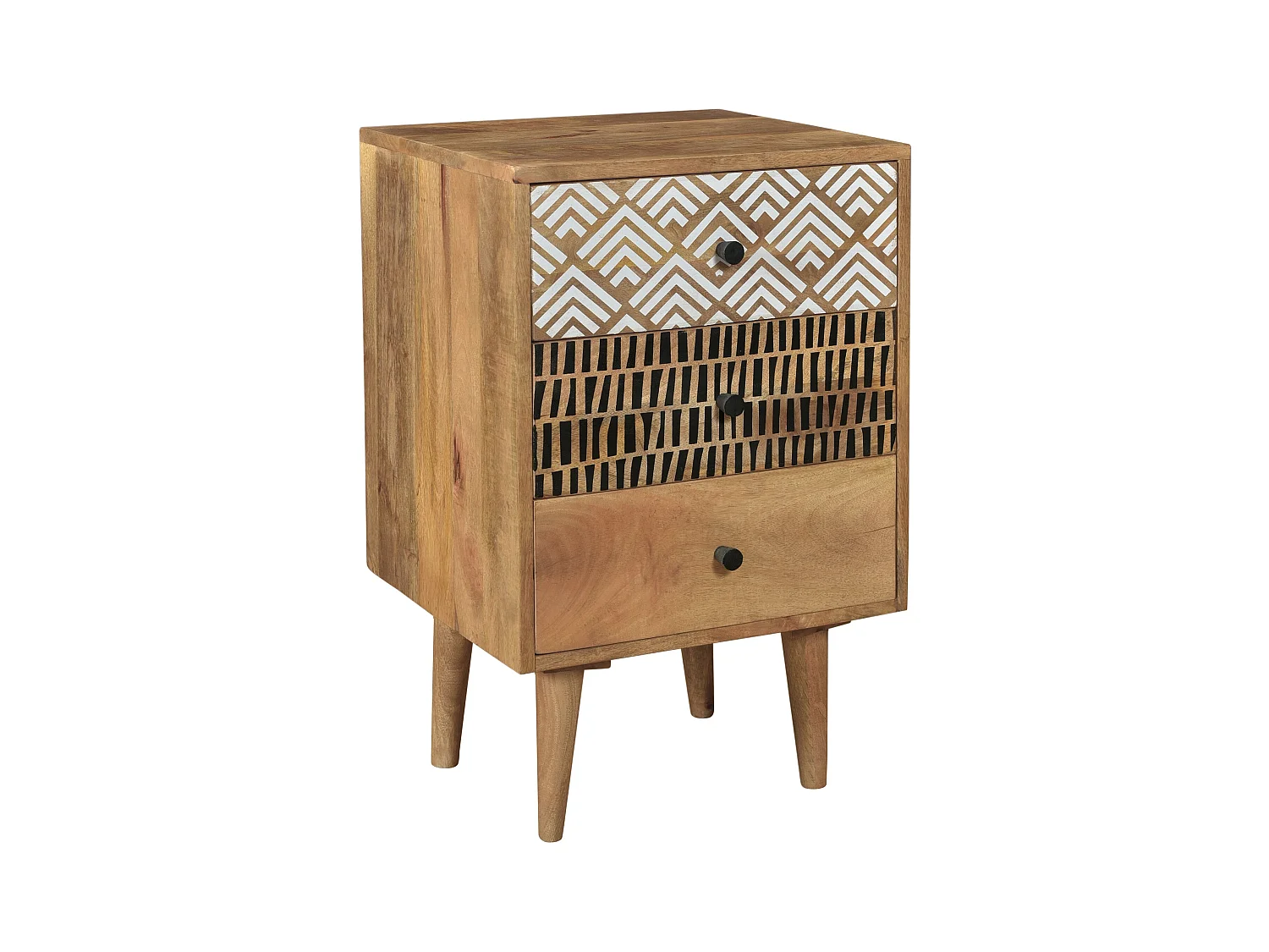 Mesita de noche de madera, 3 cajones con dibujo - Tali