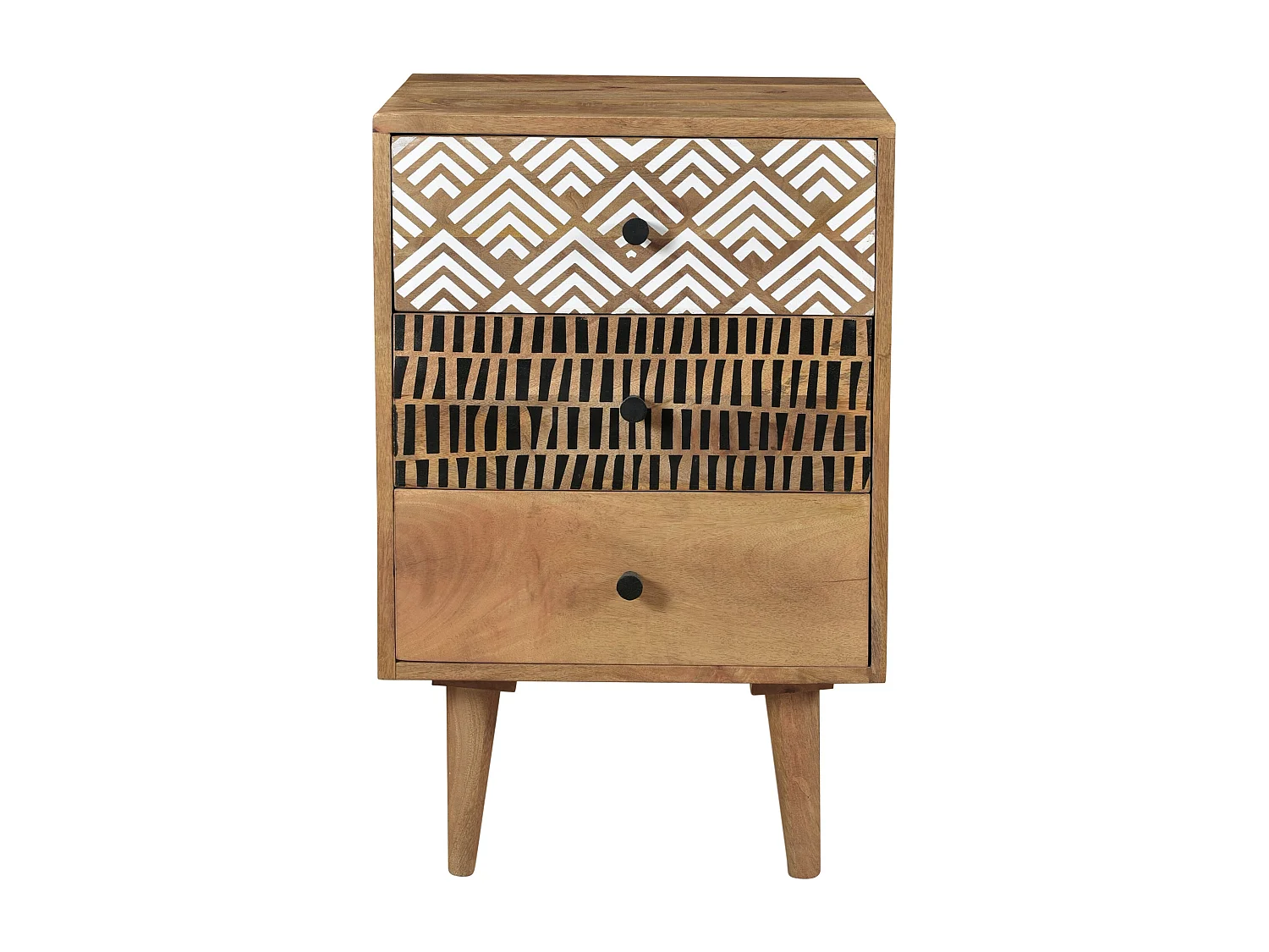 Table de chevet en bois, 3 tiroirs à motifs - Tali