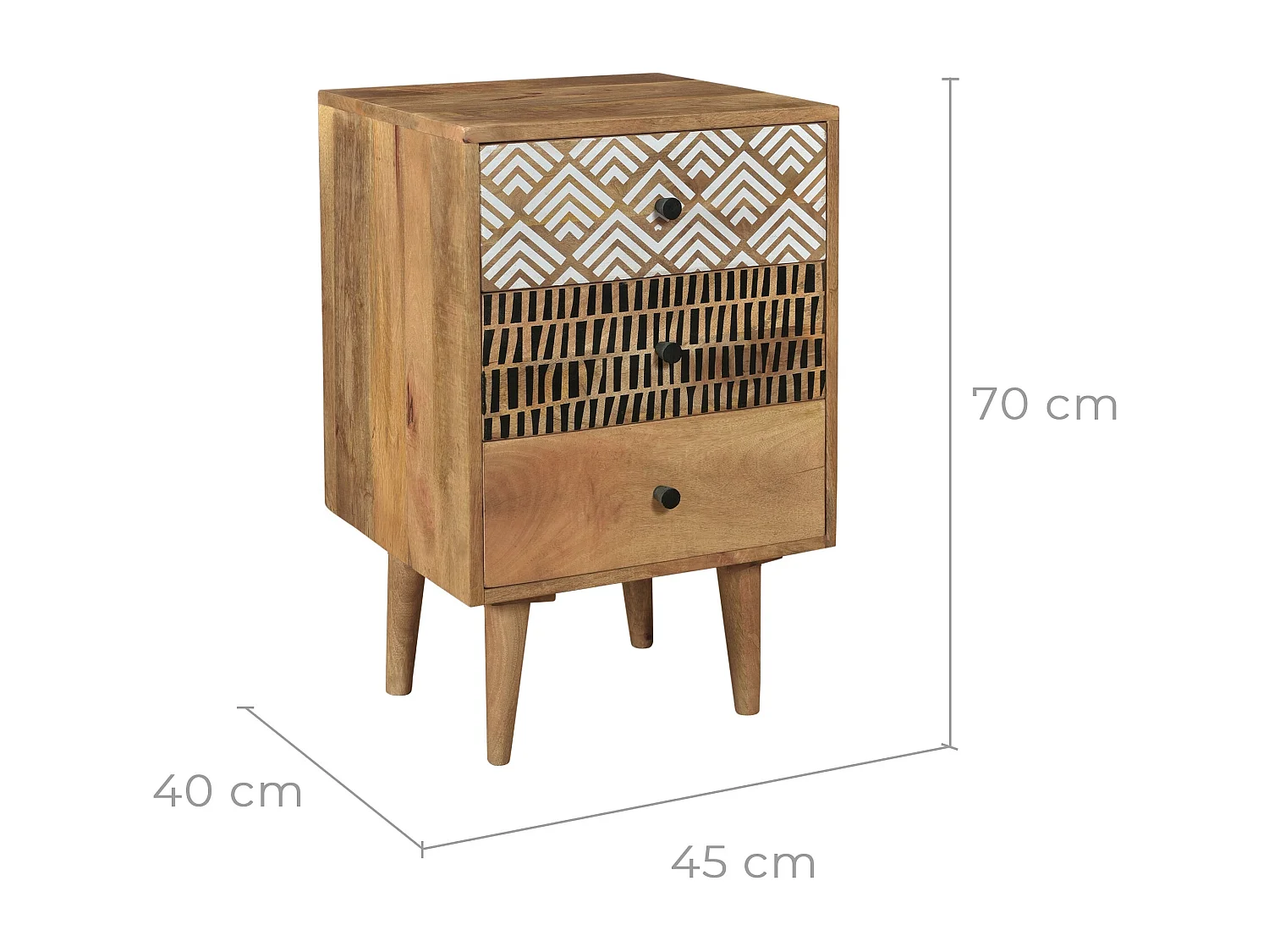 Table de chevet en bois, 3 tiroirs à motifs - Tali