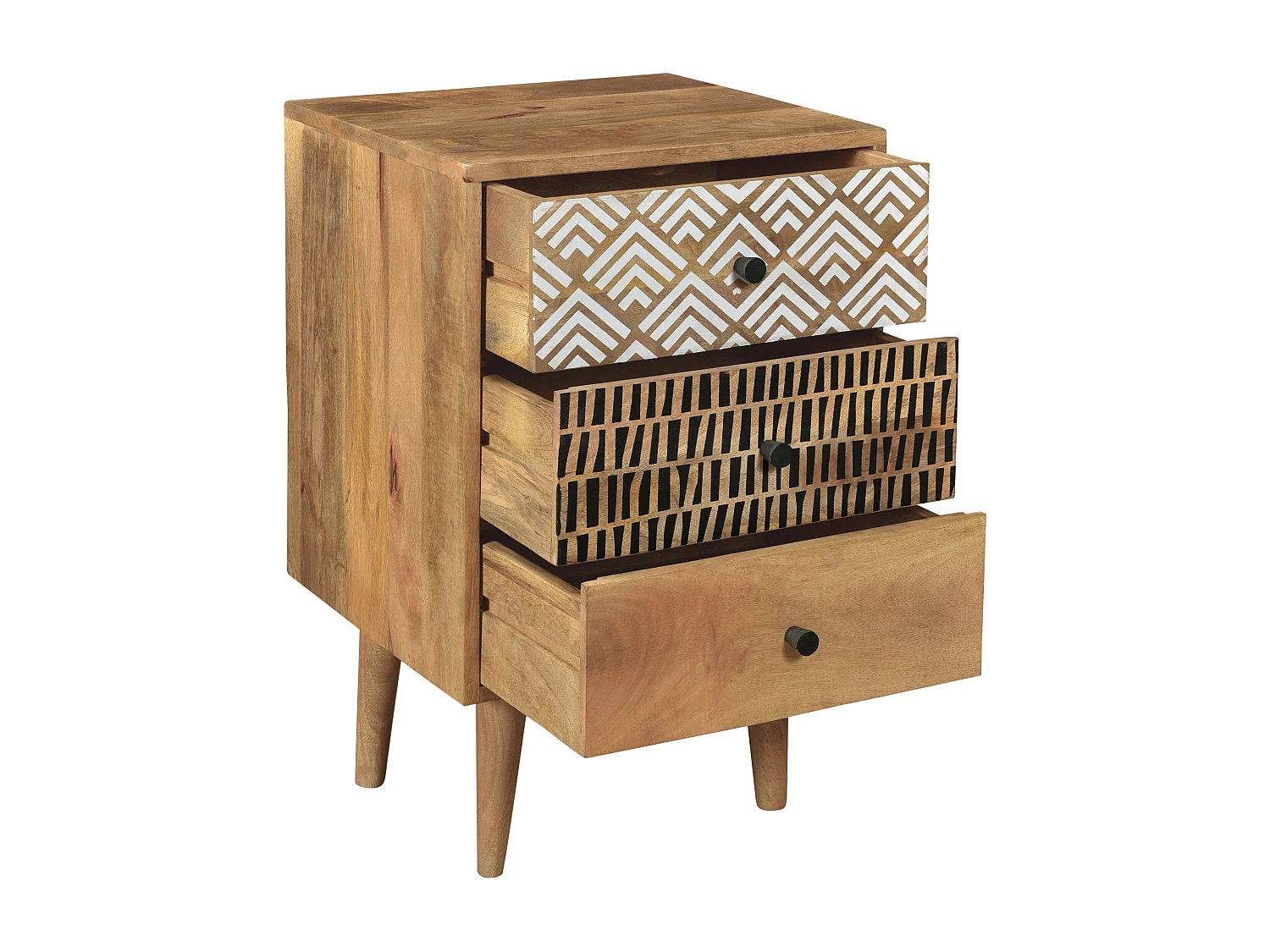 Table de chevet en bois, 3 tiroirs à motifs - Tali