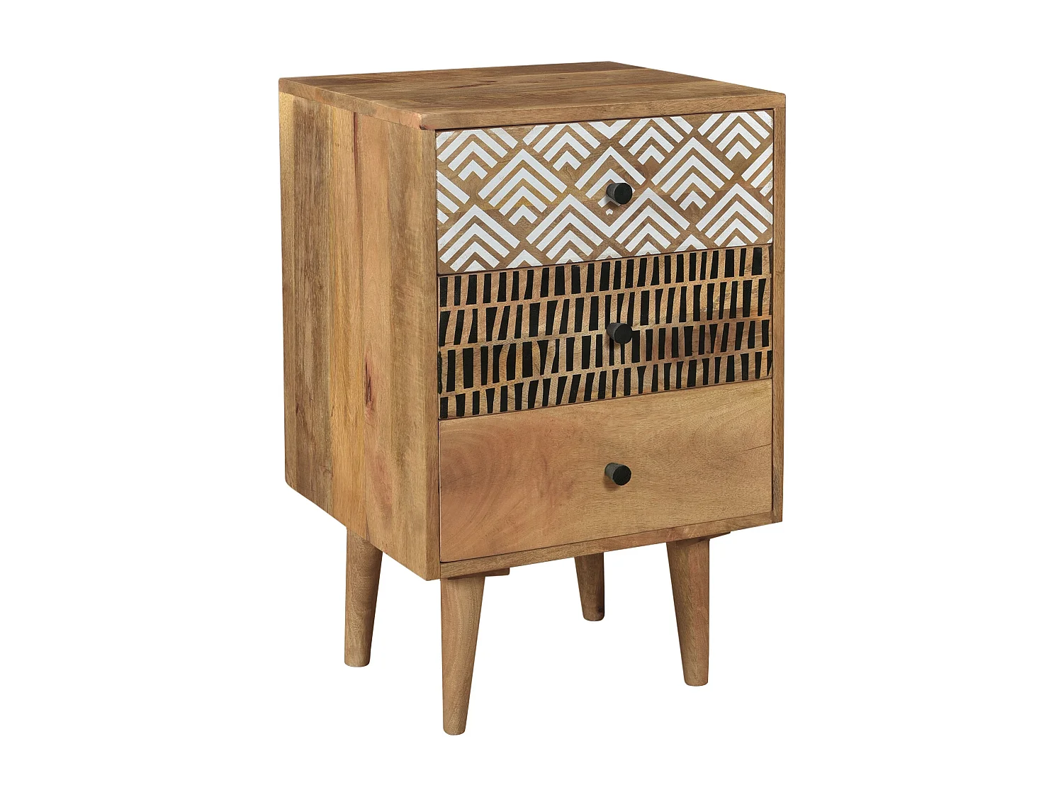Table de chevet en bois, 3 tiroirs à motifs - Tali