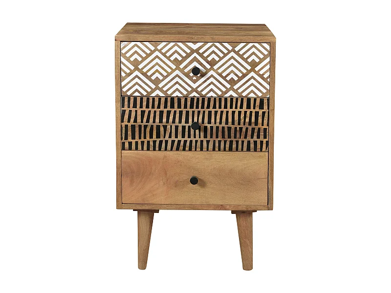 Table de chevet en bois, 3 tiroirs à motifs - Tali