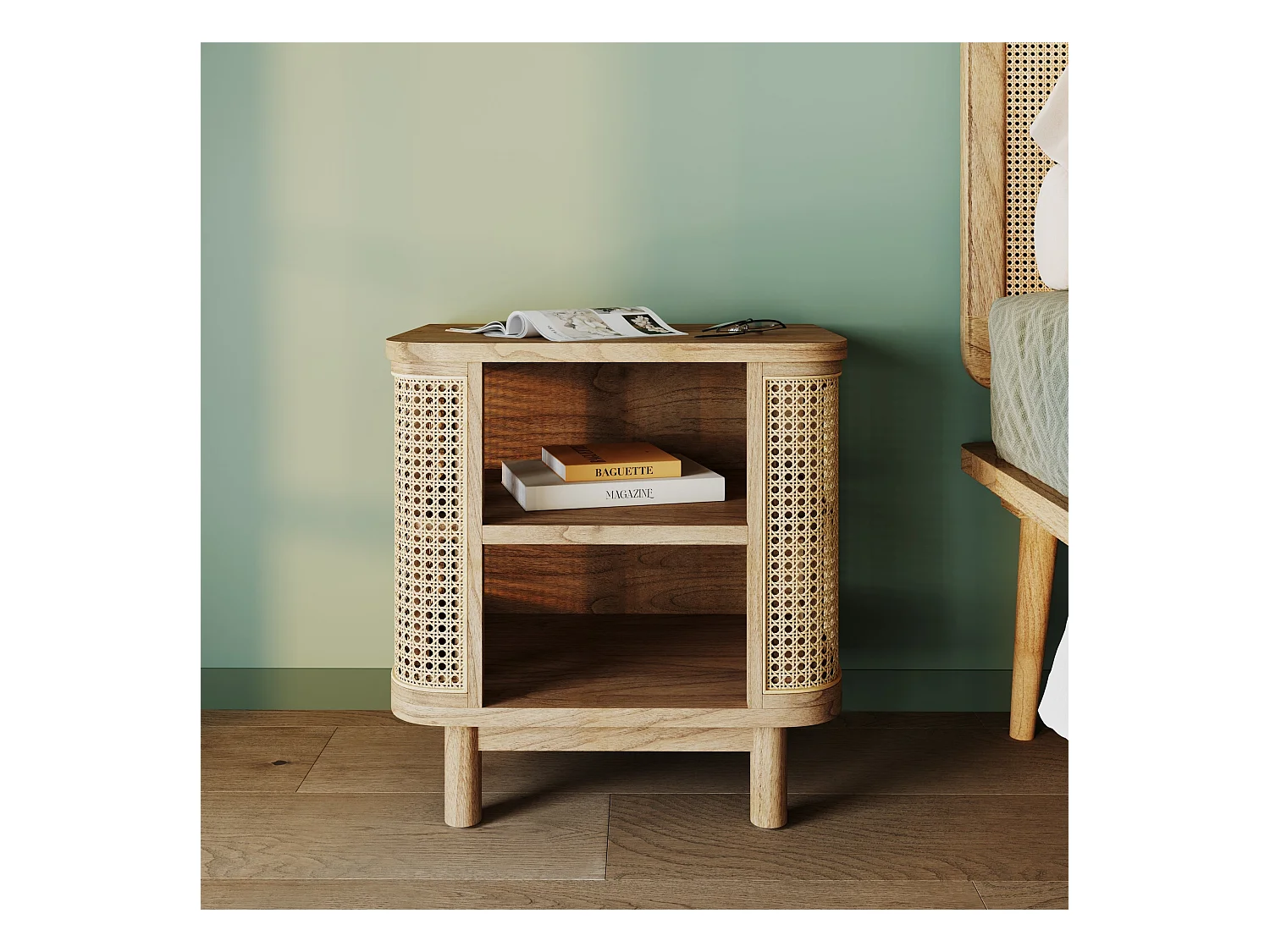 Mesilla de noche en madera maciza y caña - Antik