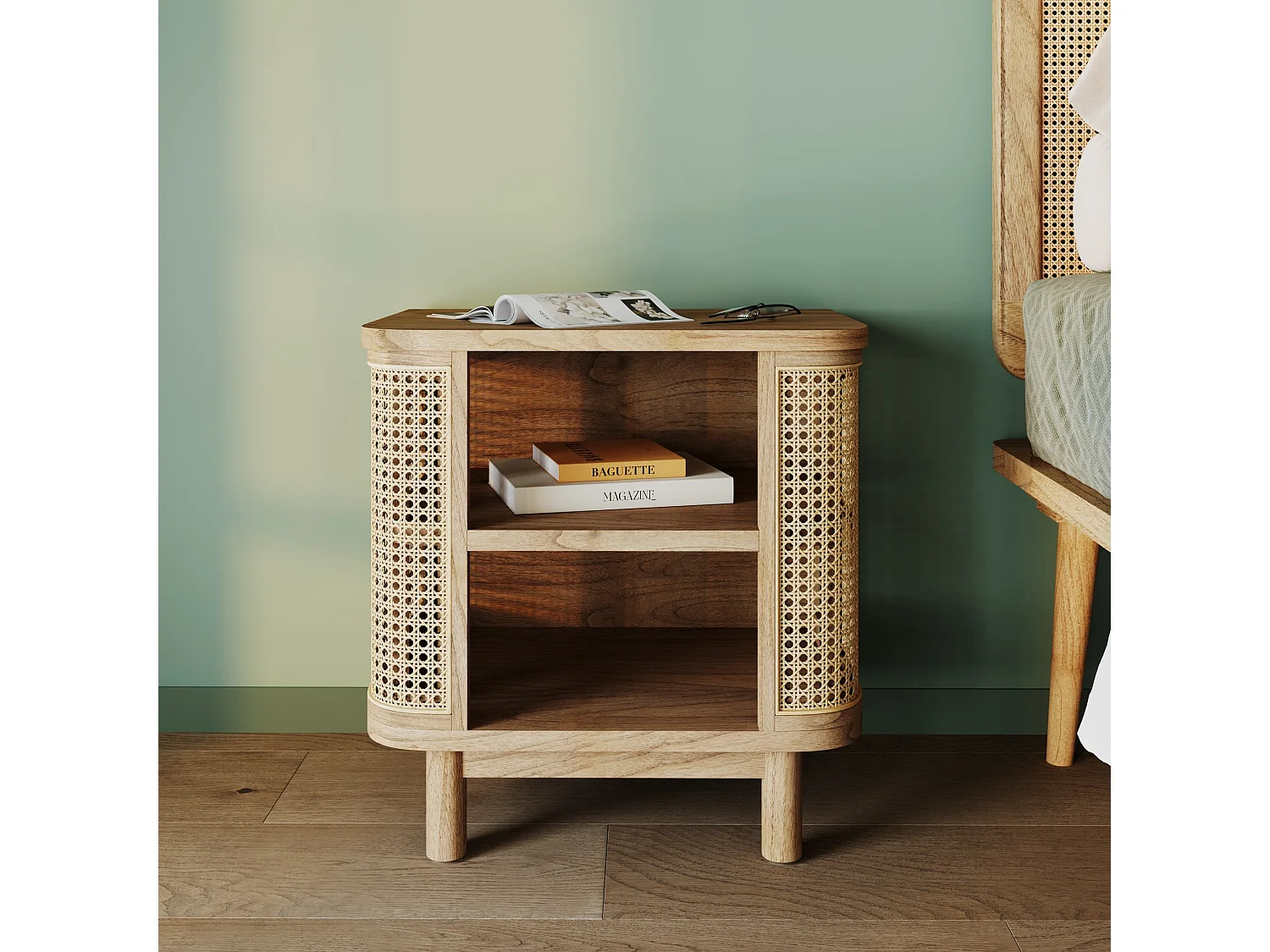 Comodino in legno massiccio e canna - Antik