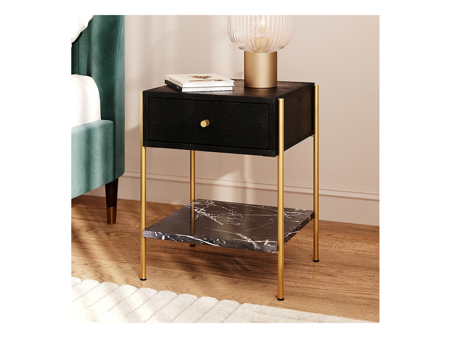 Table de chevet 1 tiroir en bois noir et métal doré - Doori