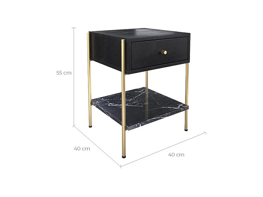 Table de chevet 1 tiroir en bois noir et métal doré - Doori