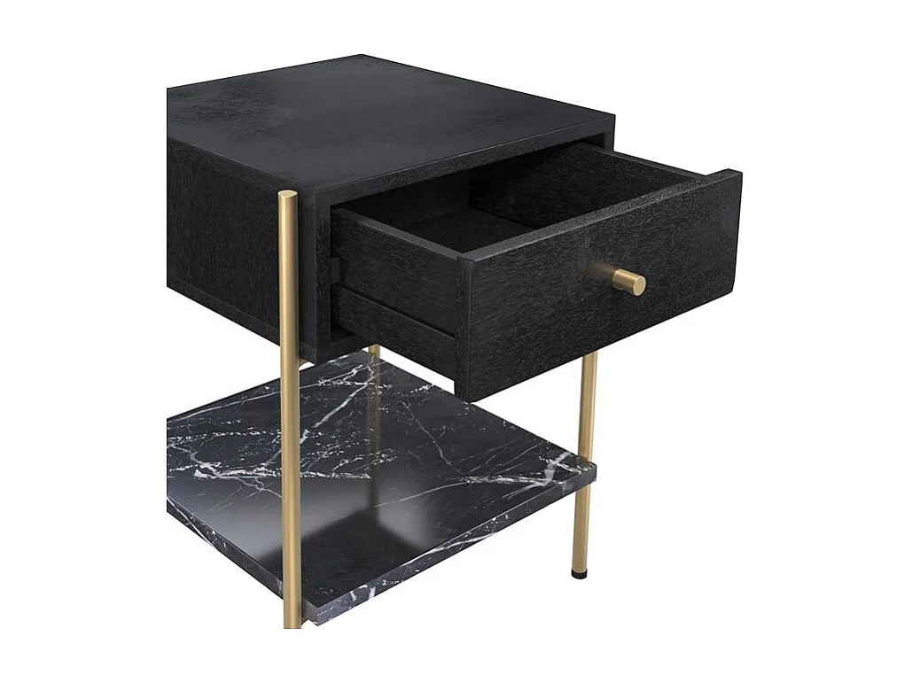Table de chevet 1 tiroir en bois noir et métal doré - Doori