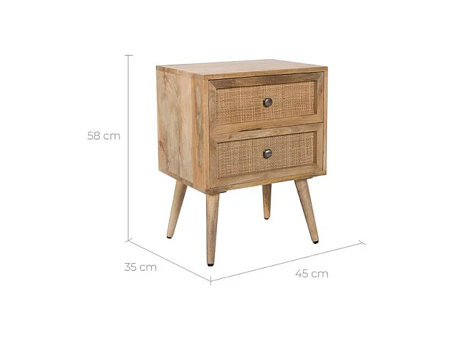 Comodino a 2 cassetti in canna e legno di mango - Cody