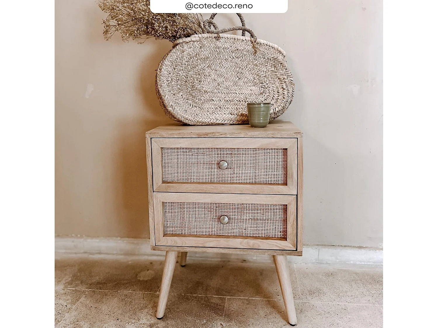Table de chevet 2 tiroirs en cannage et bois de manguier - Cody