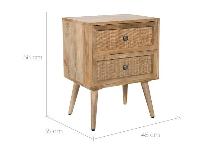 Table de chevet 2 tiroirs en cannage et bois de manguier - Cody