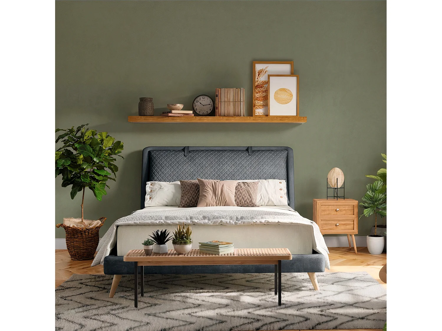 Mesita de noche de 2 cajones en madera de caña y mango - Cody