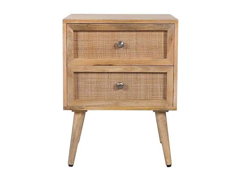 Table de chevet 2 tiroirs en cannage et bois de manguier - Cody