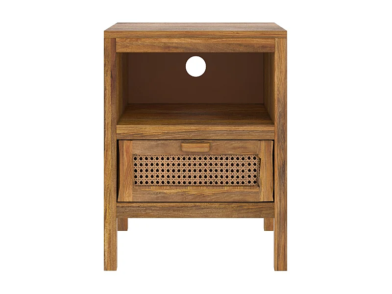 Table de chevet en cannage et bois, 1 tiroir et 1 niche - Tiki