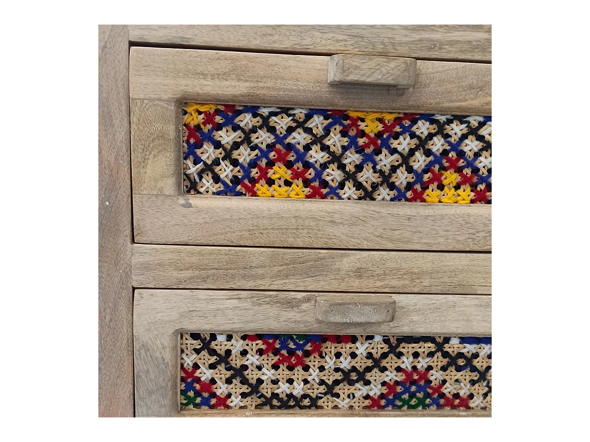 Table de chevet 2 tiroirs en manguier et cannage coloré - Massaï