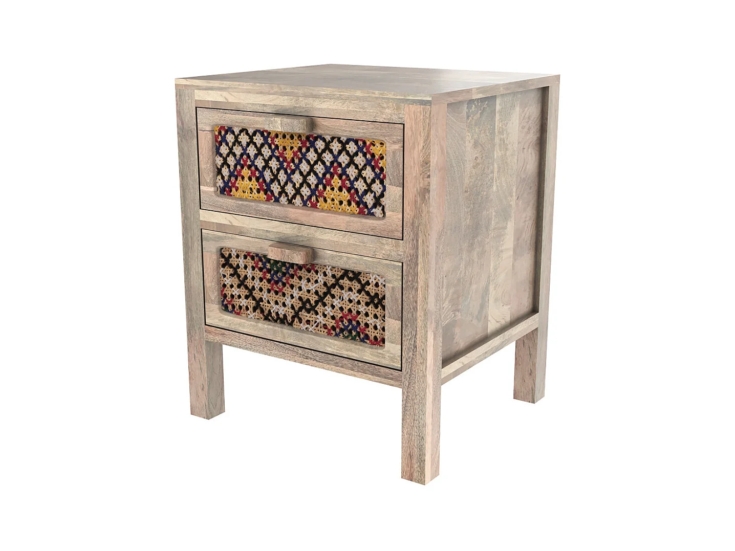 Table de chevet 2 tiroirs en manguier et cannage coloré - Massaï