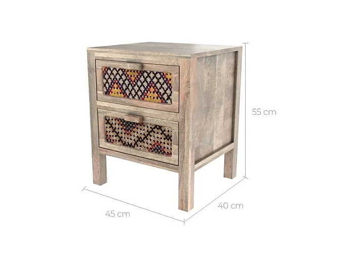 Table de chevet 2 tiroirs en manguier et cannage coloré - Massaï