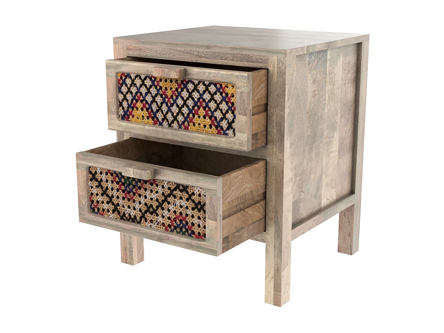 Table de chevet 2 tiroirs en manguier et cannage coloré - Massaï