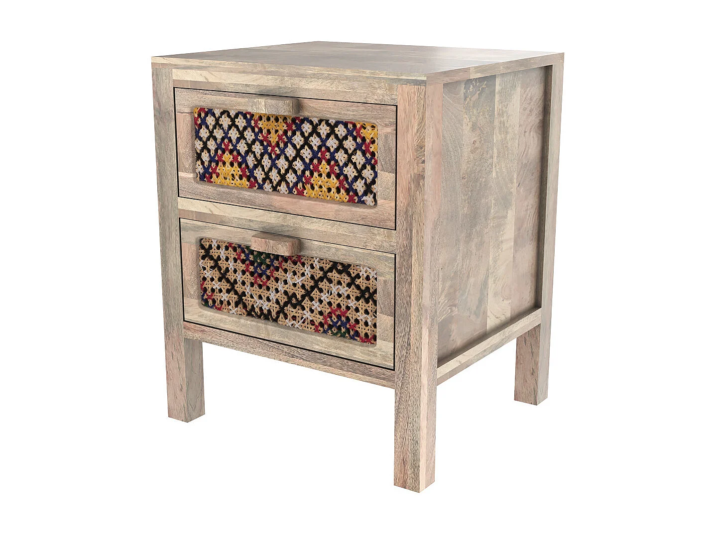 Table de chevet 2 tiroirs en manguier et cannage coloré - Massaï