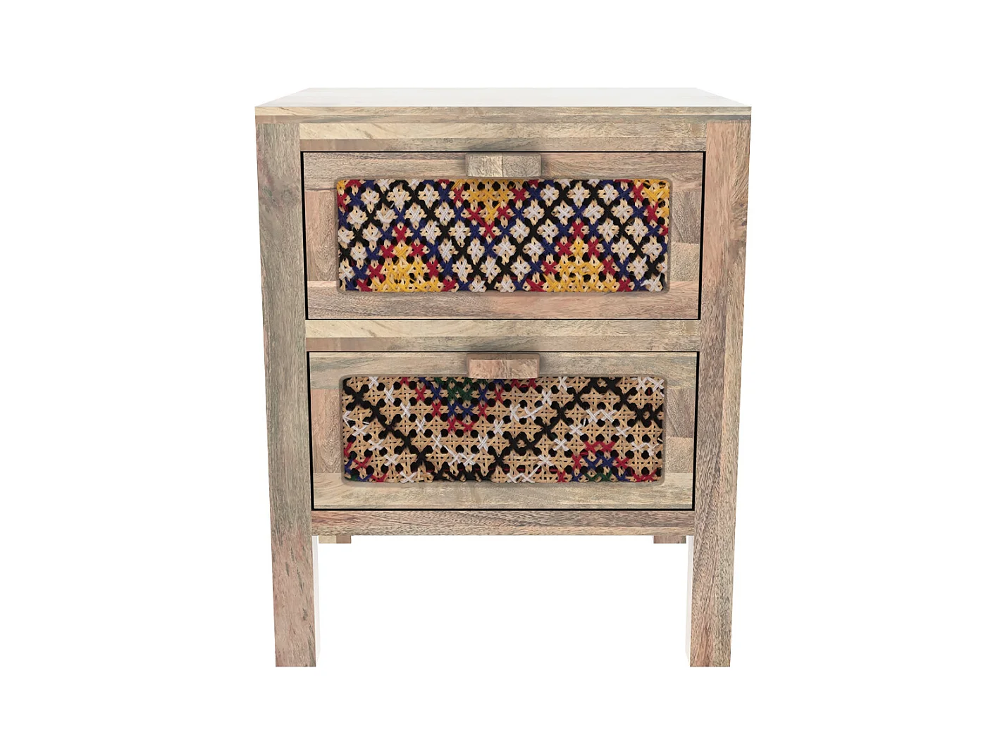 Table de chevet 2 tiroirs en manguier et cannage coloré - Massaï