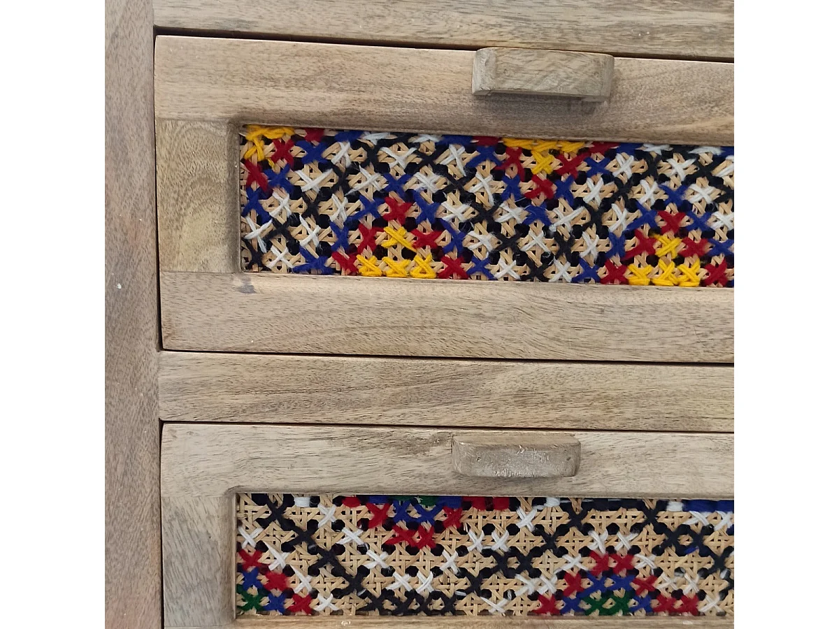 Table de chevet 2 tiroirs en manguier et cannage coloré - Massaï