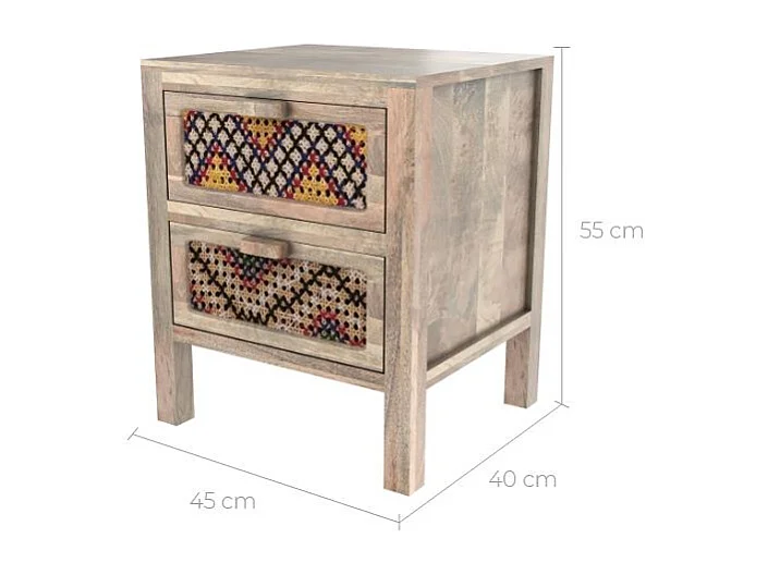 Table de chevet 2 tiroirs en manguier et cannage coloré - Massaï