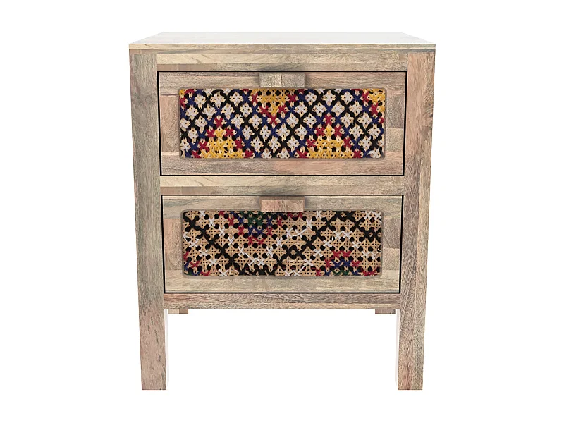 Table de chevet 2 tiroirs en manguier et cannage coloré - Massaï