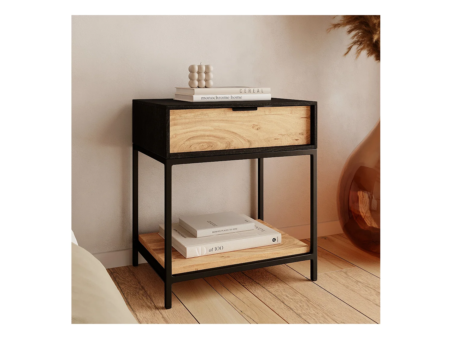 Comodino a 1 cassetto in legno e metallo nero - Jakson