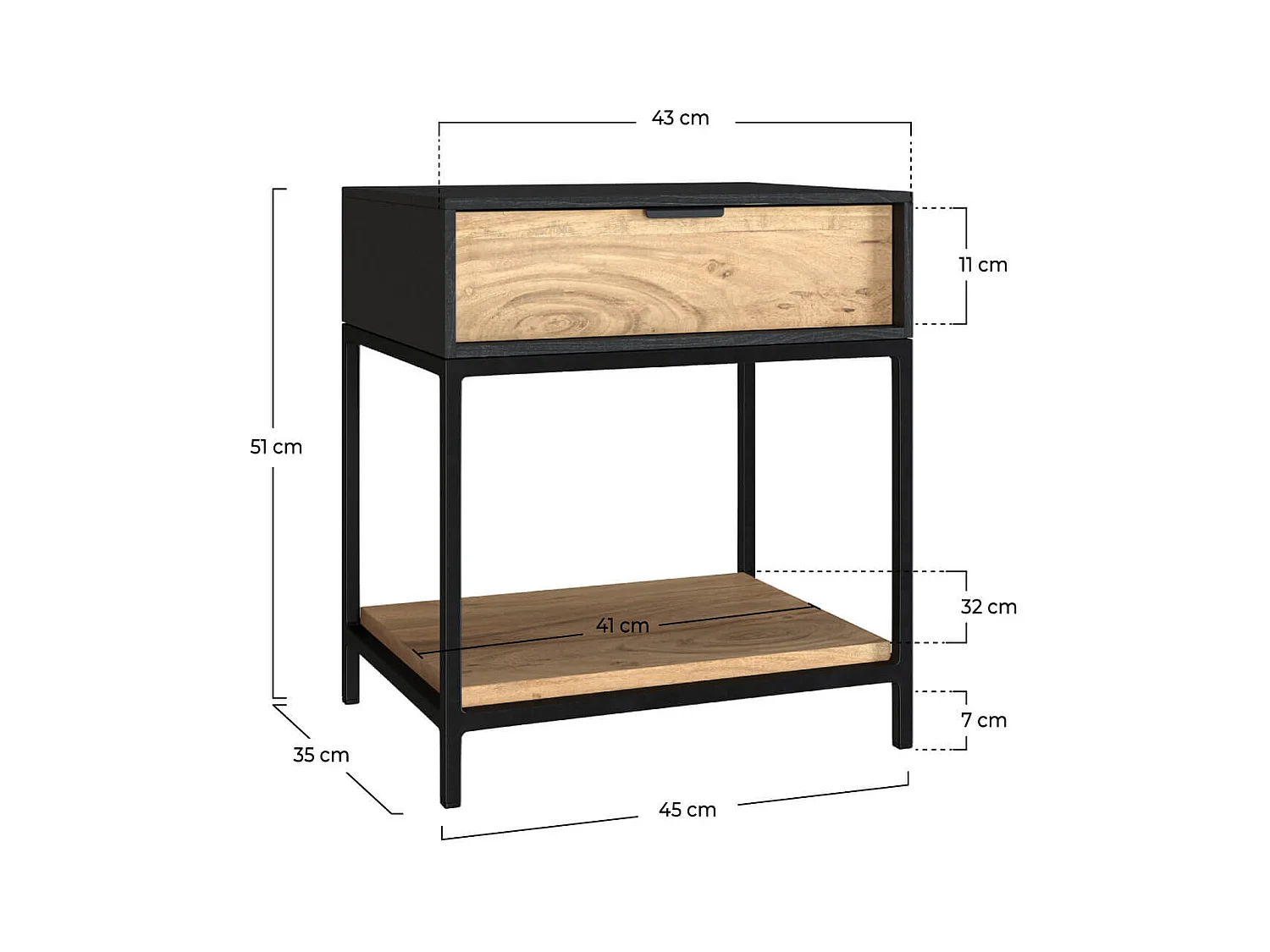 Comodino a 1 cassetto in legno e metallo nero - Jakson
