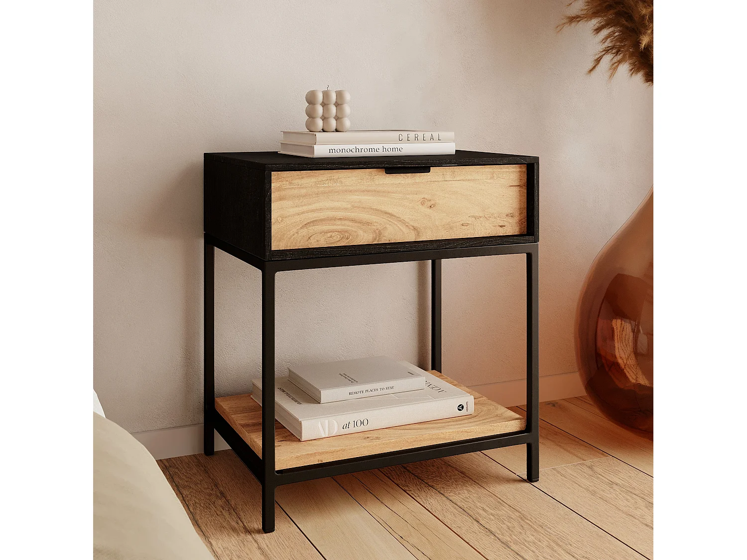 Comodino a 1 cassetto in legno e metallo nero - Jakson