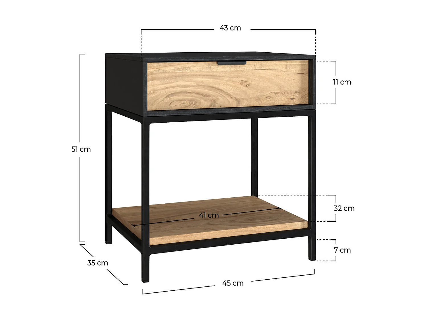 Comodino a 1 cassetto in legno e metallo nero - Jakson