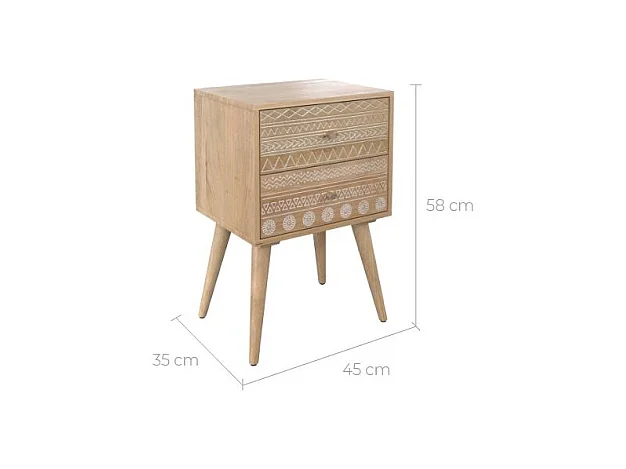 Table de chevet en bois de manguier gravé 2 tiroirs - Tiny