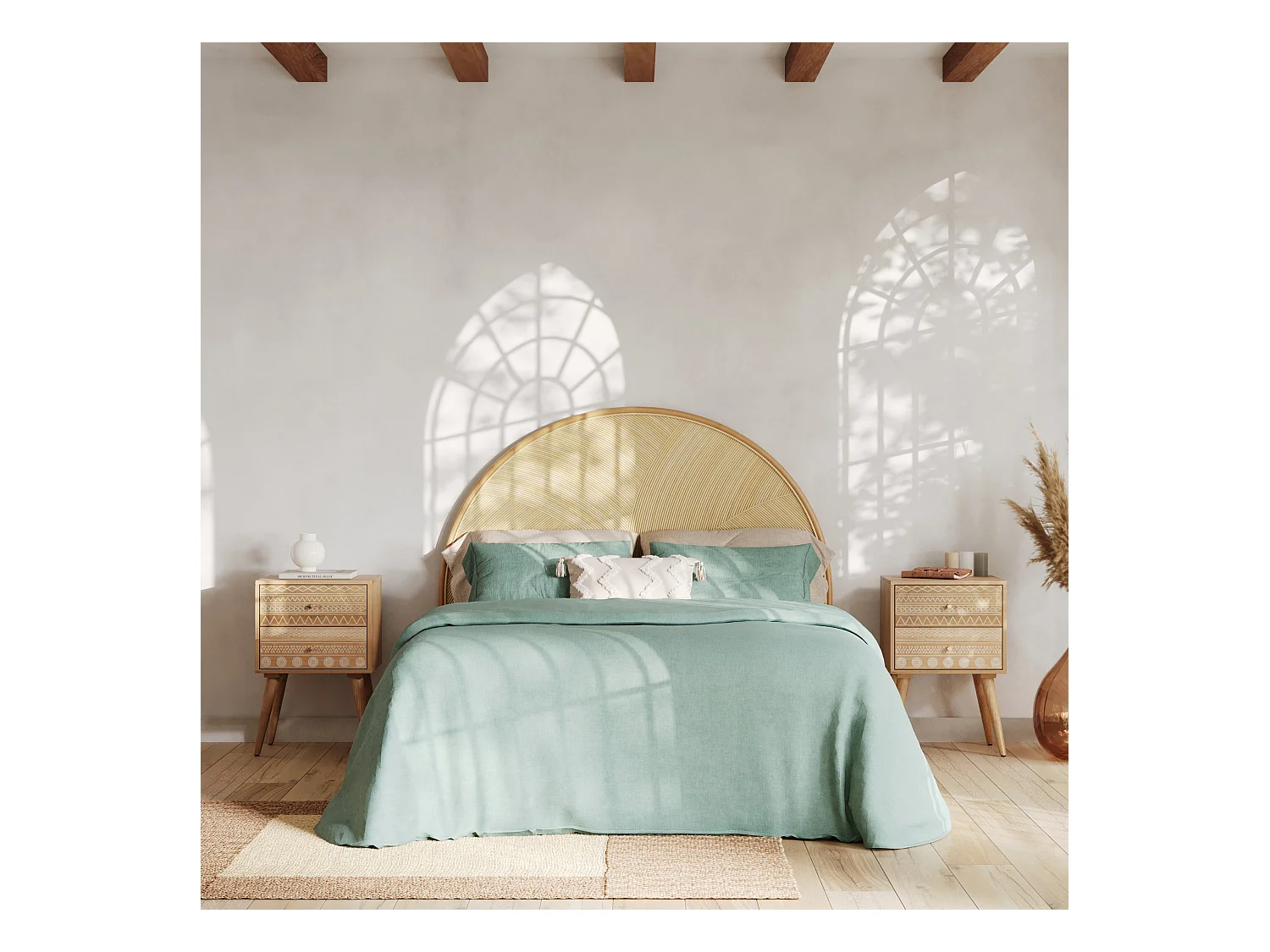 Table de chevet en bois de manguier gravé 2 tiroirs - Tiny