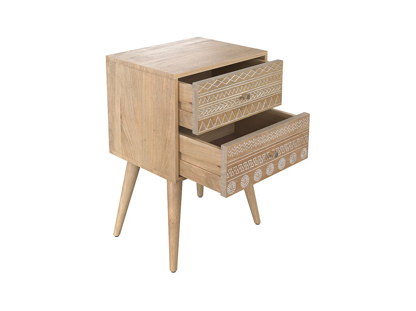 Table de chevet en bois de manguier gravé 2 tiroirs - Tiny