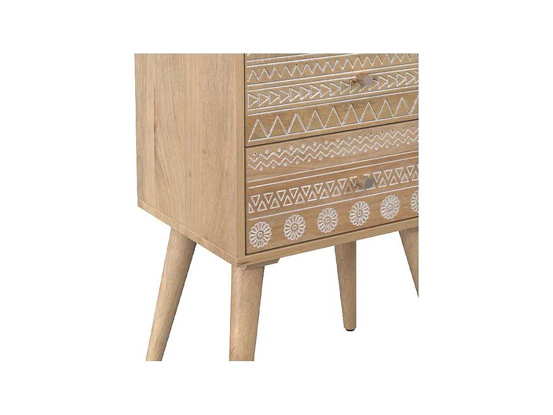 Table de chevet en bois de manguier gravé 2 tiroirs - Tiny