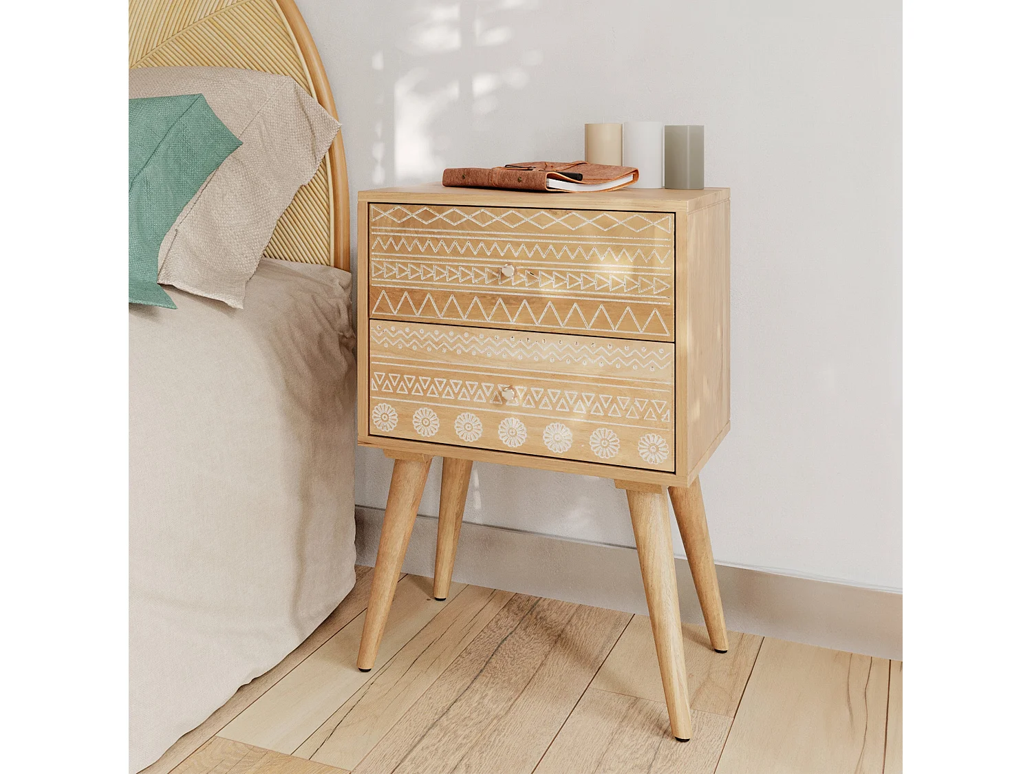 Comò in legno di mango intagliato con 2 cassetti - Tiny