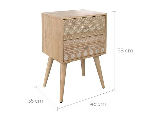Comò in legno di mango intagliato con 2 cassetti - Tiny