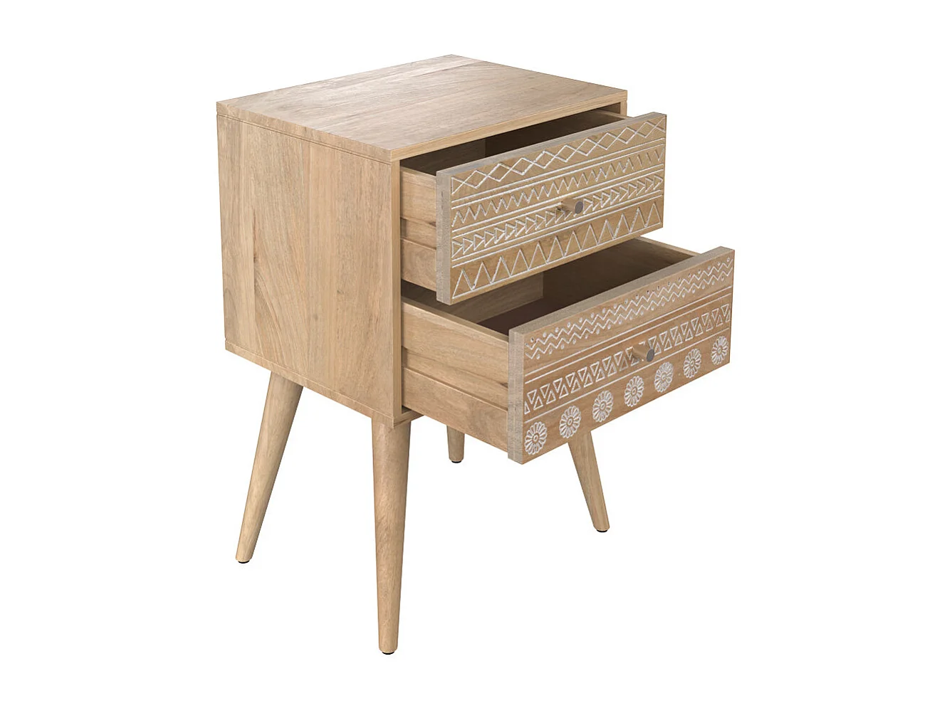 Comò in legno di mango intagliato con 2 cassetti - Tiny
