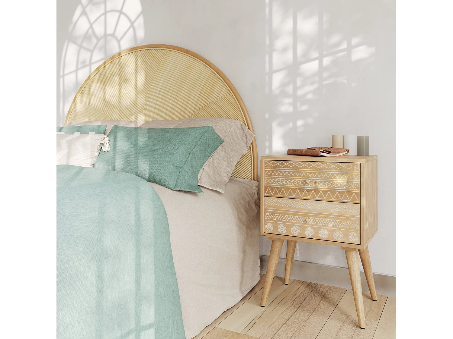 Comò in legno di mango intagliato con 2 cassetti - Tiny