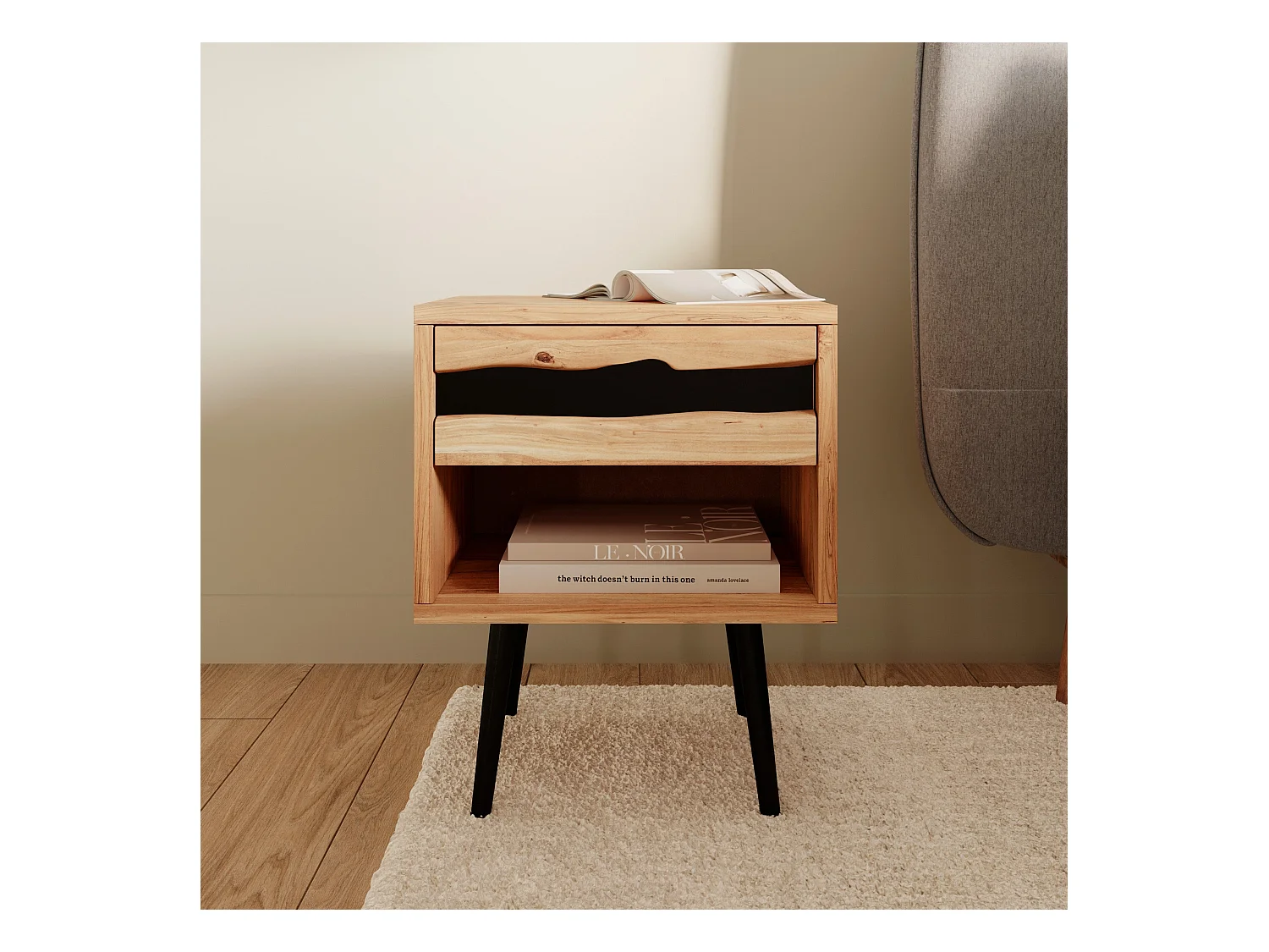 Comodino in legno d'acacia e metallo, 1 cassetto e 1 nicchia - Alabama